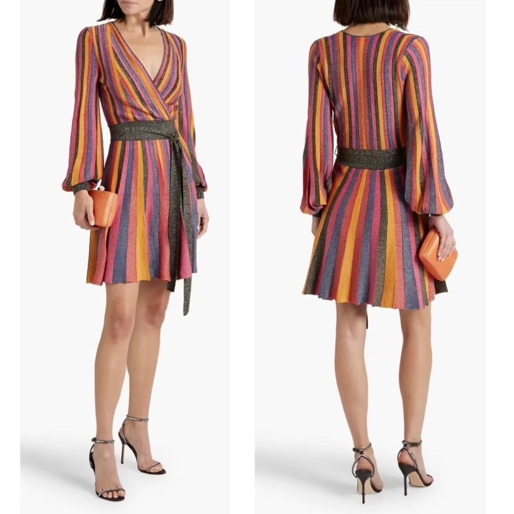 Rebecca Vallance Marsha Metallic Knit Wrap Long Sleeve Cocktail Mini Dress NEW - Picture 4 of 14